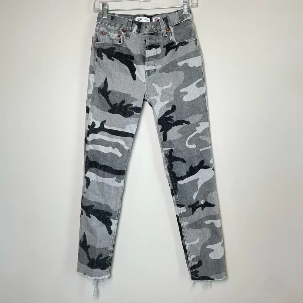 Re/Done Camo High Rise Ankle Crop Stretch Jeans